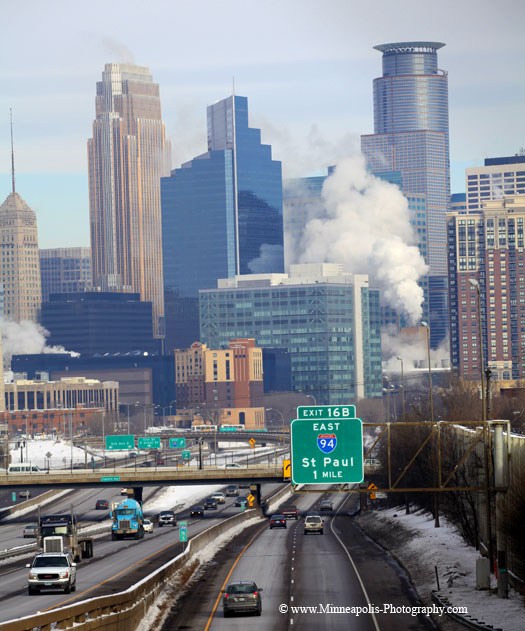 Steaming Minneapolis Skyline, Interstate 35, Cold Minneapolis - Copyright: Minneapolis-Photography.com